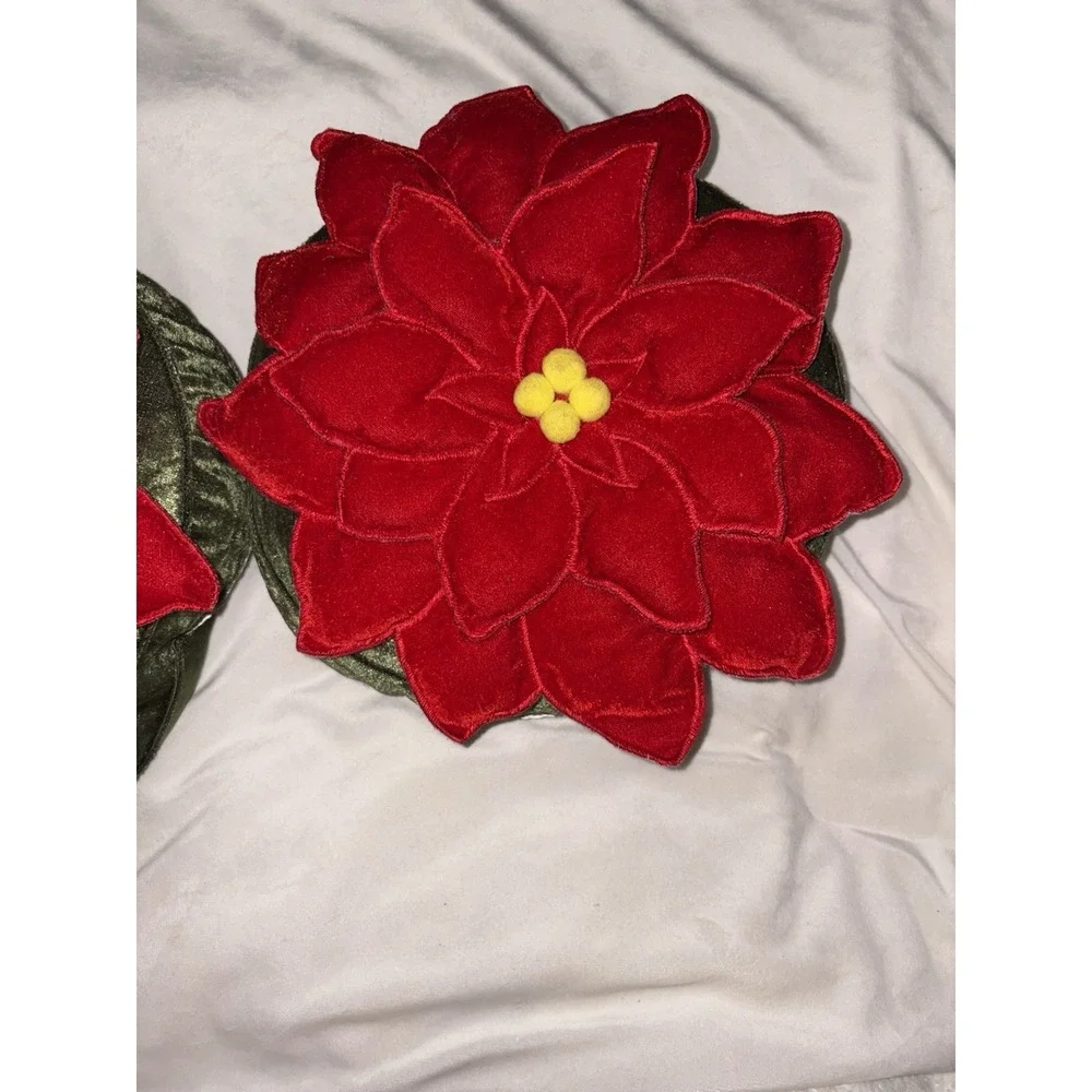 Vintage Christmas Accent toss pillow, red velvet holly on green satin 11